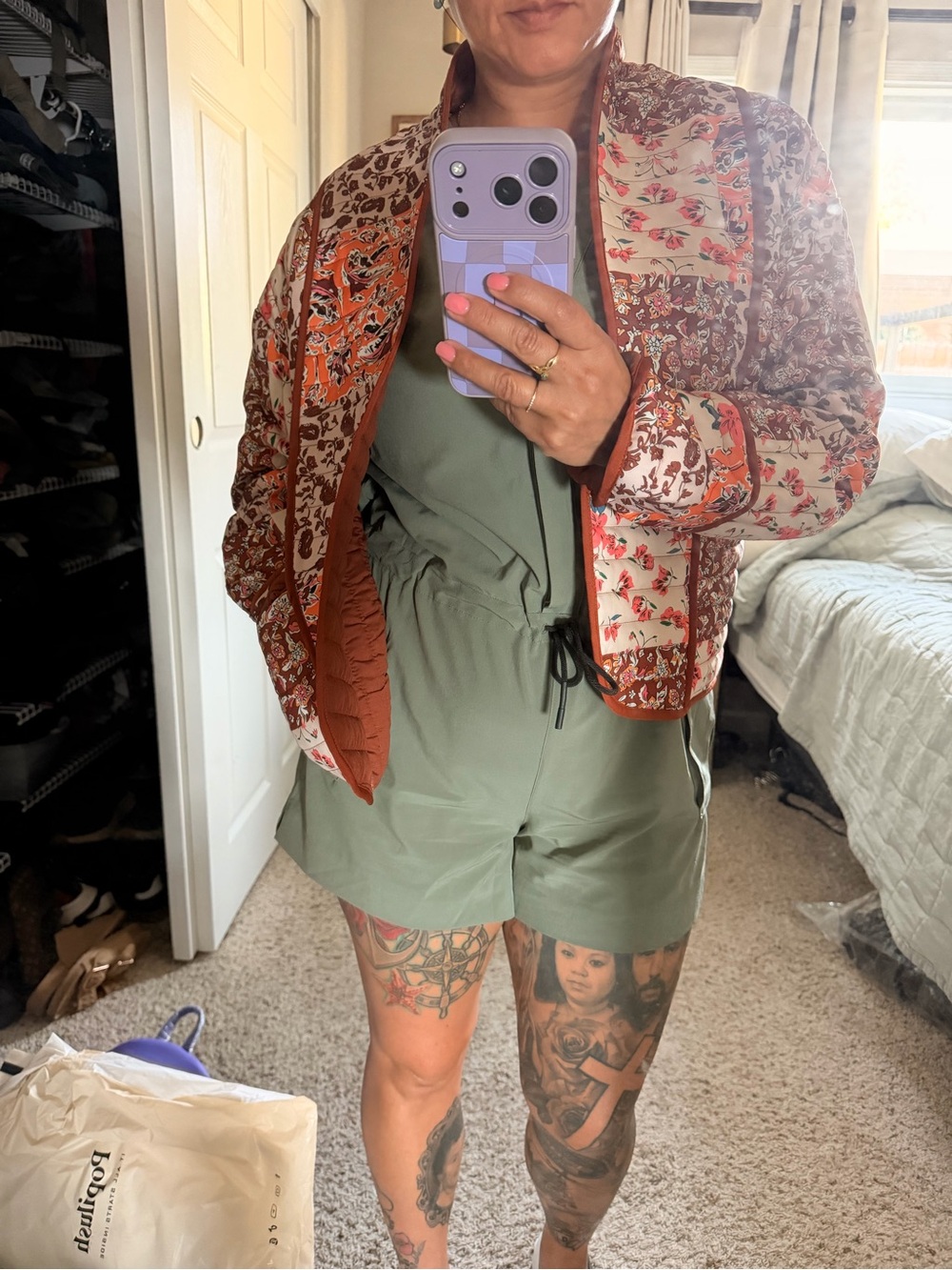 Quilted Floral Bomber Jacket in Rust & Cream - Picture 2 of 6
